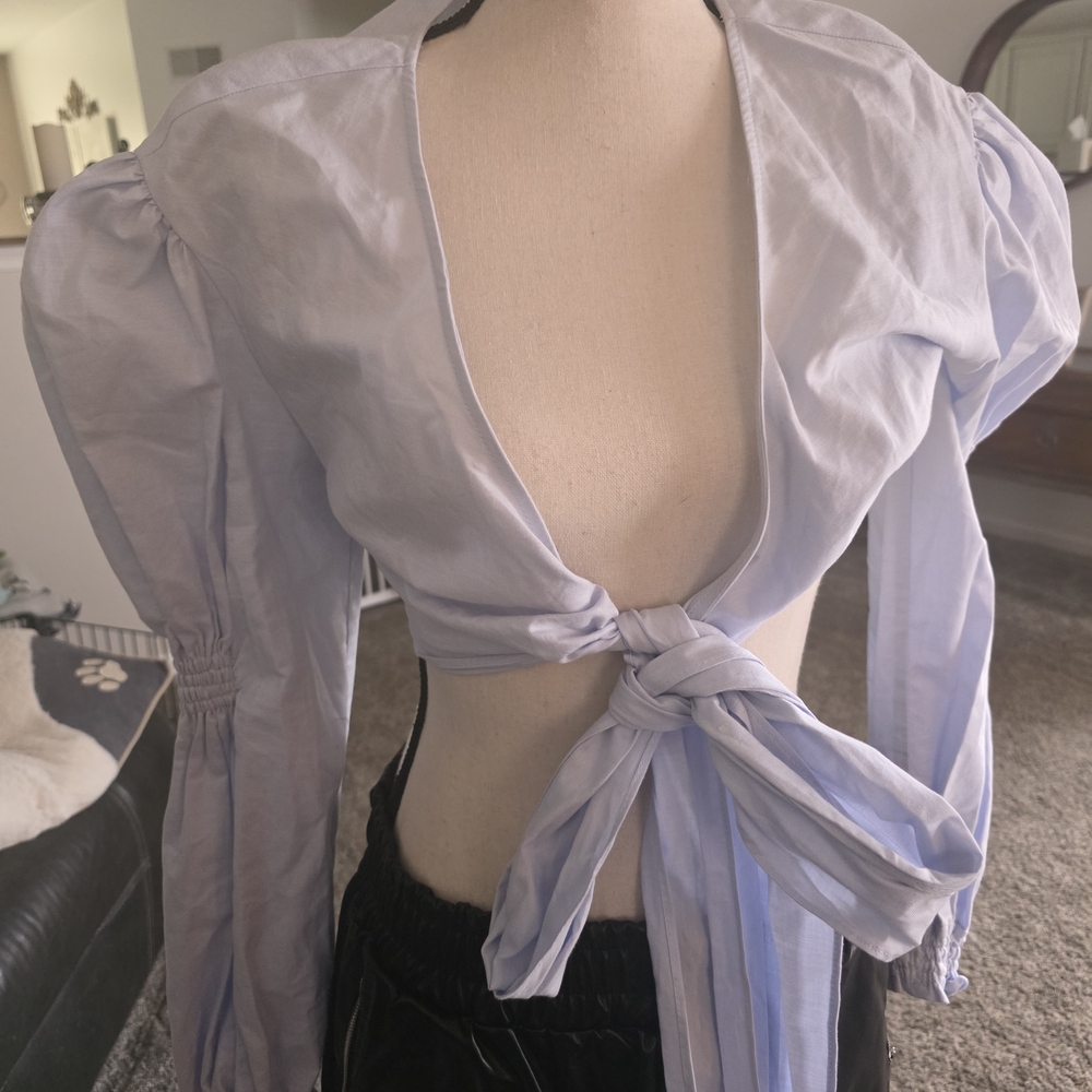 Zara Light Lavender Tie-Front Puff Sleeve Top